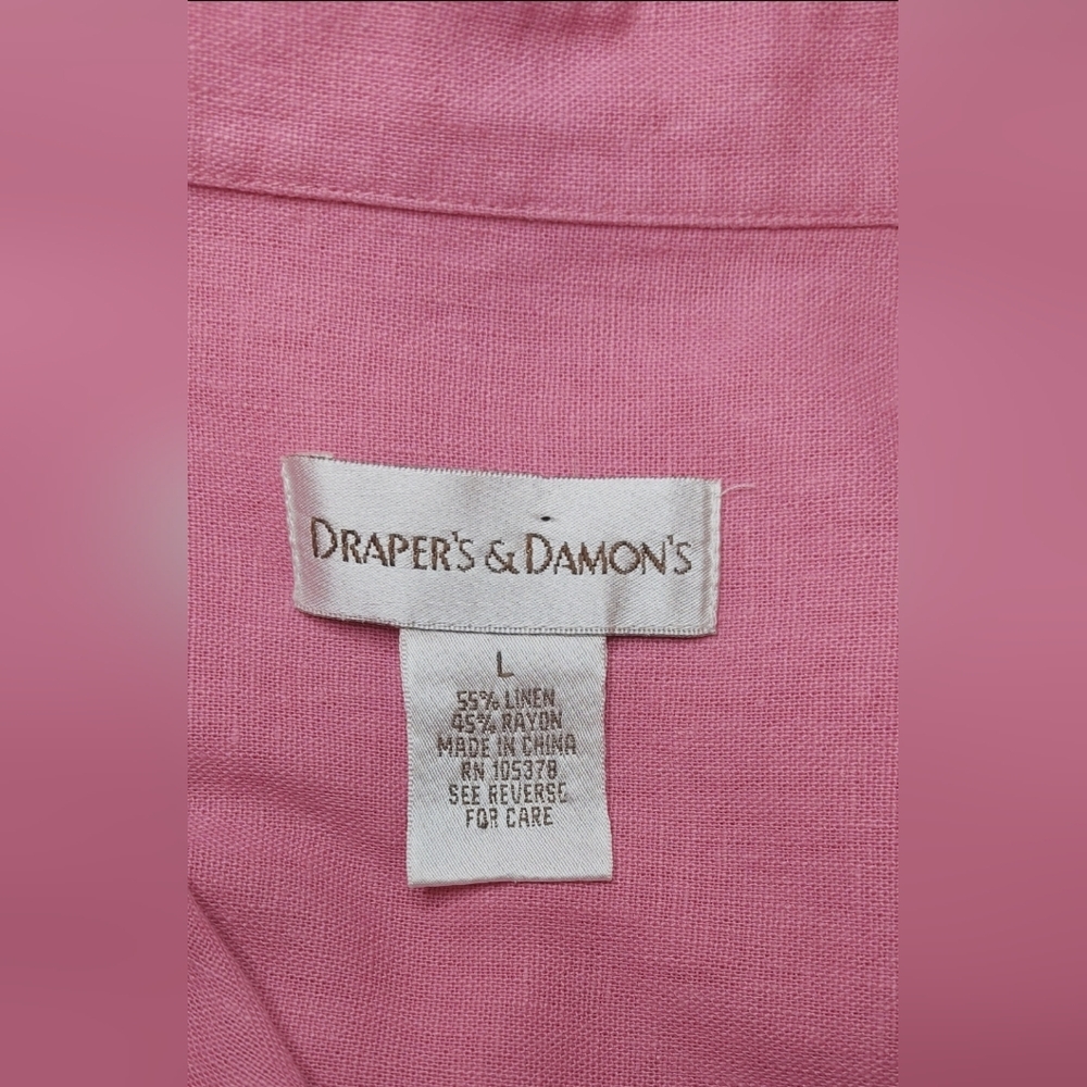 Draper's & Damon Pink Linen Button Up Top Size Large Blouse Embroidered Top Boho - Picture 7 of 10